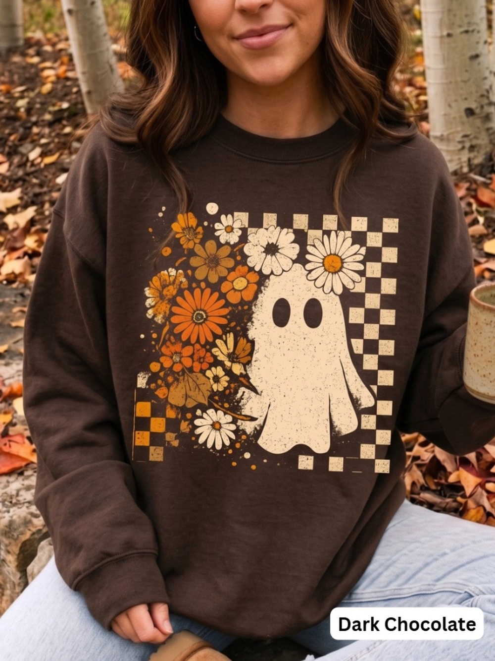 Ghost Checkered Halloween Shirt Floral Graphic Sweatshirt Crewneck